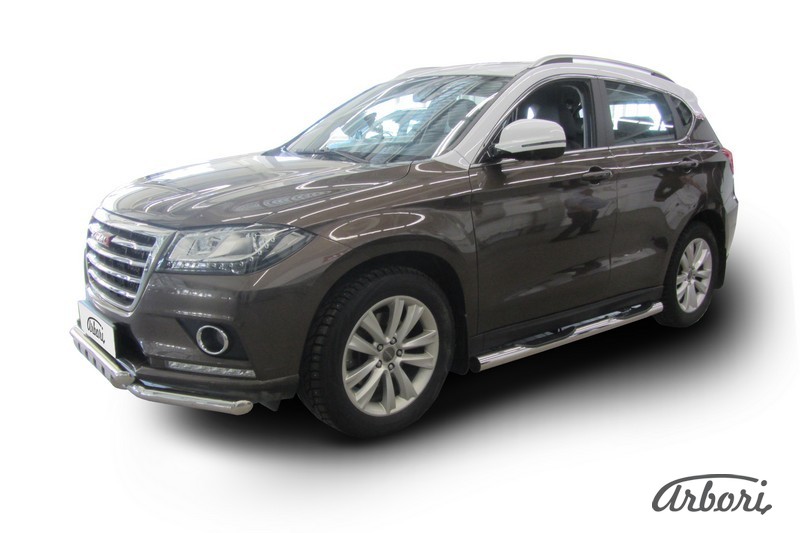 Защита порогов d76 с проступями Arbori нерж. сталь для HAVAL H2 2014-нв / Хавал Н2
