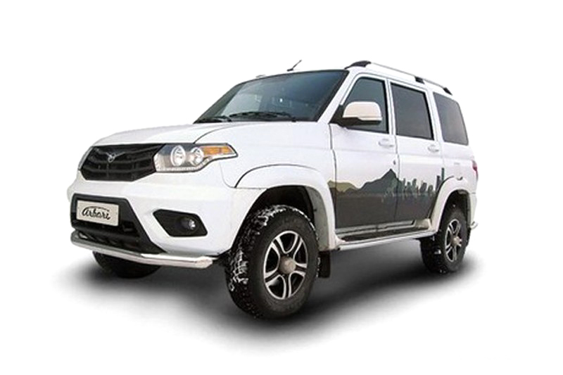 Защита переднего бампера d76 Arbori нерж. сталь для UAZ PATRIOT 2014-нв / Патриот