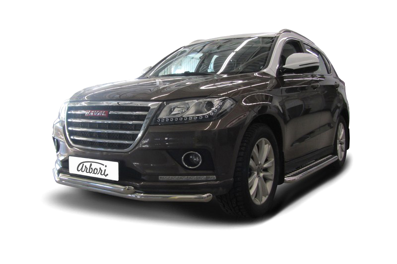 Защита переднего бампера d57+d57 Arbori нерж. сталь для HAVAL H2 2014-нв / Хавал Н2