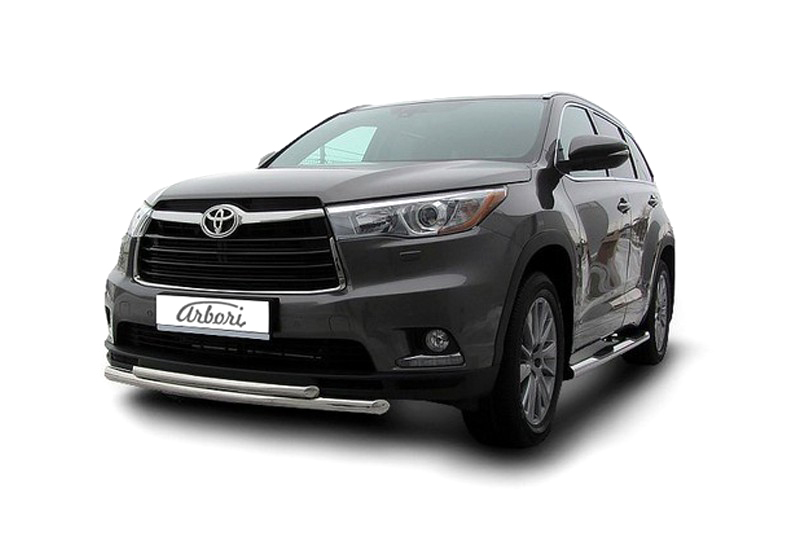 Защита переднего бампера d57+d42 двойная радиусная Arbori нерж. сталь для TOYOTA Highlander 2014-2016 / Тойота Хайлендер