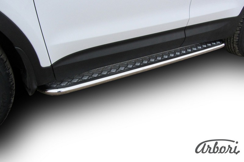 Защита порогов d42 с листом усиленная Arbori нерж. сталь для Hyundai SANTA-FE 2012-2018 / Хендай Санта Фе