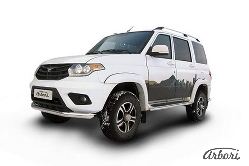 Защита переднего бампера d76 Arbori нерж. сталь для UAZ PATRIOT 2014-нв / Патриот